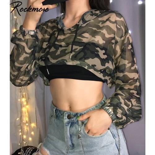 Rockmore Mesh Camouflage Print Hooded Crop Top Tshirts Women See through Long Sleeve Harajuku Tees Streetwear T-shirt Smock 2021