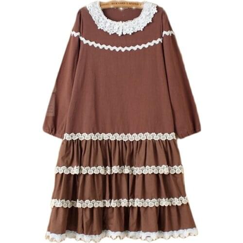 Harajuku Mori Girl Hippie Boho Bohemian Vintage Retro Lace Ruffle Crochet Long Sleeve Cotton Line Women Autumn Fall Thick Dress