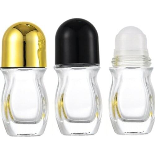 30ML 50ML Empty Transparent Glass Roll On Bottle Cosmetic Container Black Gold Lid Essential Oil Perfume Refillable Vials 10Pcs