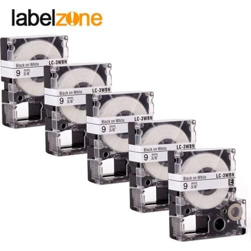 5Pcs 9mm Black on white compatible Epson SS9KW/LC-3WBN label tapes strong adhesive laminated lc3wbn label ribbon for KingJim