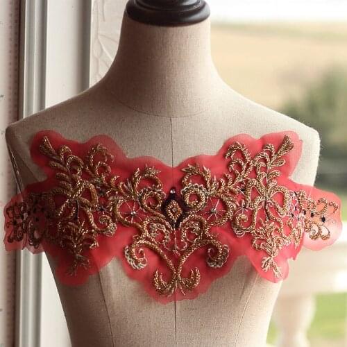 Free shipping 43*16CM (2piece/lot ) handmade bead applique, collar applique, super delicate embellishment for wedding decoration