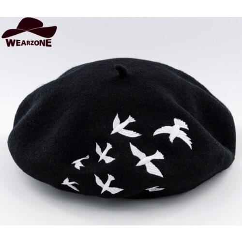 Winter Woman Hats Berets Knitted 100% Wool Beret Soft Hats Embroidered Swallows Pattern Berets Hats Baret Warm Boina Feminina