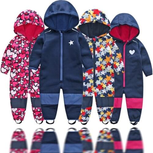 Childrens soft shell plus velvet integrated windproof and rainproof jumpsuit Childrens waterproof jumpsuit, warm jumpsuit