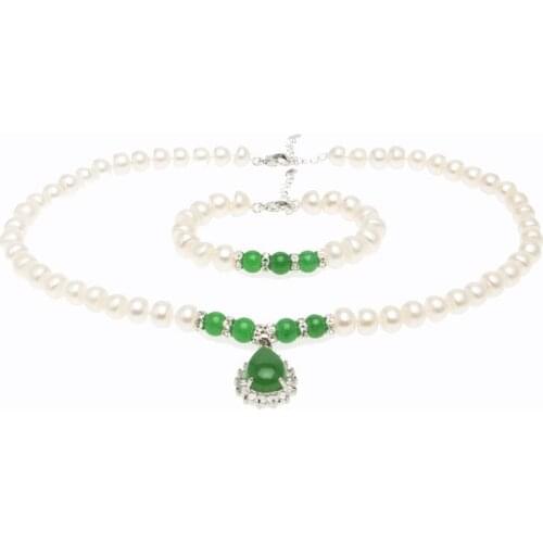 MADALENA SARARA Hot Sale Freshwater Pearl Jewelry Set 8-9mm Near Round Shape Pearl Green Agate Necklace Bracelet Earring-C