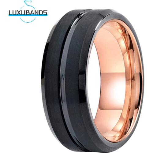 8MM Black Tungsten Wedding Ring Rose Gold Inner Center Grooved For Men Wemen Fashion Brushed Finished Comfort Fit