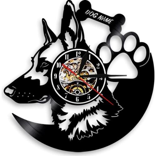 Dog Breed German Shepherd Dog Art Wall Decor Clock Customize Dog Name Vinyl Record Wall Clocks Modern Gift For Pet Lover