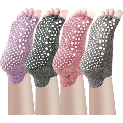 2 Pairs Women Non Slip Yoga Socks Anti-skid Breathable Ankle Five Half Toes Pilates Socks Deodorant Cotton for Yoga Dance Ballet