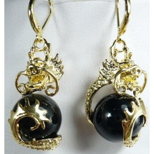 Fancy 12mm black jade dragon new earrings
