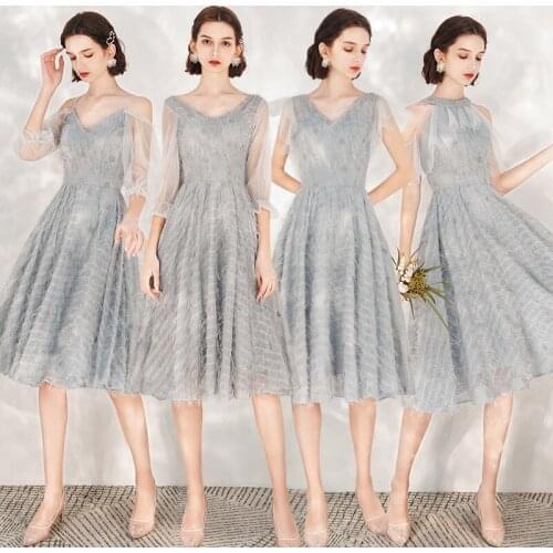 Bridesmaids Dress A-Line Sequined Spaghetti Straps V-Neck Ruffles Knee-Length Embroidery Lace Tulle Lady Wedding Party Gown E137