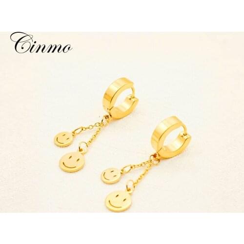 Cinmo Stainless Steel Piercing Drop Earrings Double Smile Face Long Chain Dangle Earrings For Men Women Wholesale Ear Jewelry