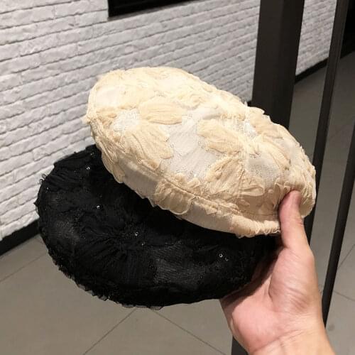 INS Spring Lace Flower Sequins Lady Beret Hat for Women Leisure Painter Hat Gorros