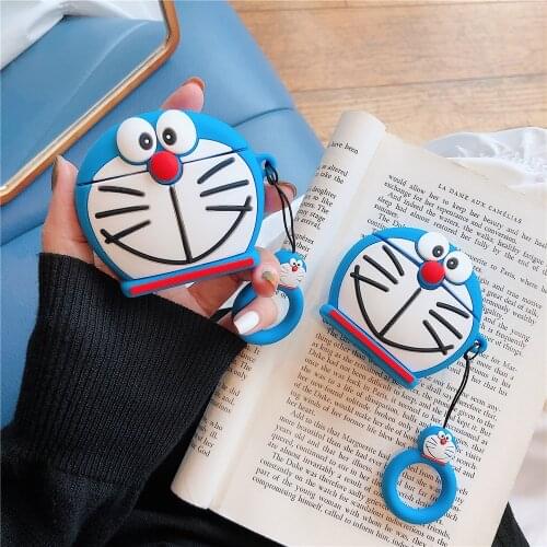 Doraemon Silicone Case For Apple Airpods 1 2 3D cartoon classical cute Doraemon Ring Lanyard Hang Loop protective Cover