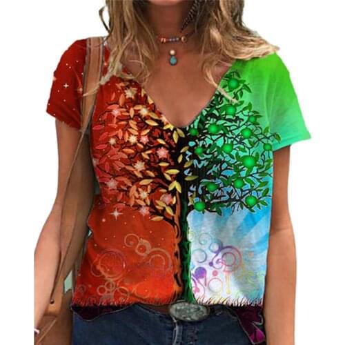 Tie Dye 3D Floral Print Women T Shirts Casual Short Sleeve Loose Plus Size Tops Fashion Street Ladies V-Neck Summer Tee 2021 New