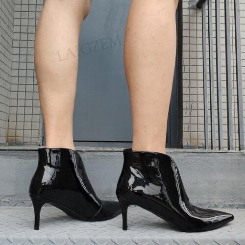 LAIGZEM Women Ankle Boots Shiny Slip On Mid Heels Short Boots Handmade Shoes Woman Faux Leather Botas Mujer Large Size 41 44 47