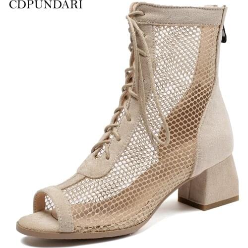 Peep Toe Mesh summer Ankle boots for women High heels boots Ladies shoes woman