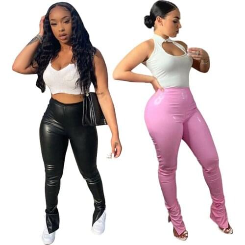 Women Casual High Waist PU Leggings High Waist Stretch skinny Pants Autumn and Winter Solid Color Side Split Trumpet Pants