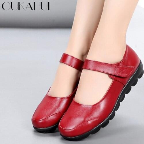 OUKAHUI Mary Jane Style Spring Hook Loop Genuine Leather Flat Shoes Woman Round Toe Low Heel Autumn Solid Simple Work Shoes Lady