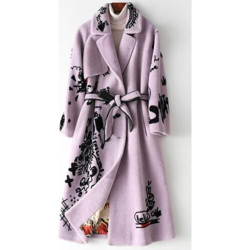 2021 Winter Super Thick Warm Fur Integrated Womens Printed Wool Fur Lavender Long Coat with Belt Wool Single Breasted Jacket