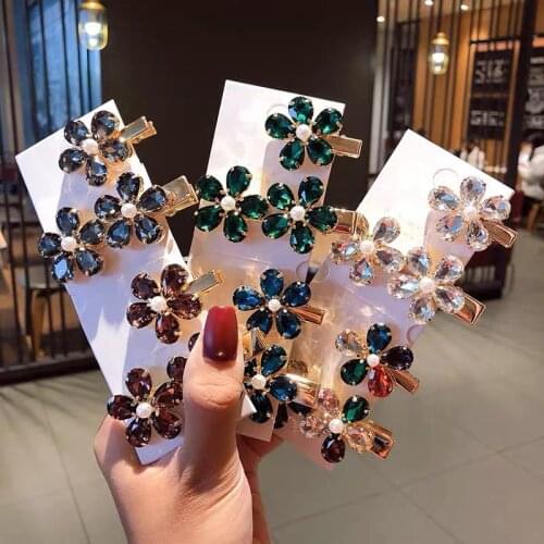 2pcs/Set Women Luxury Shining Crystal Flower Alloy Hairpins Sweet Hair Clips Barrettes Headband Fashion Hair Accessories