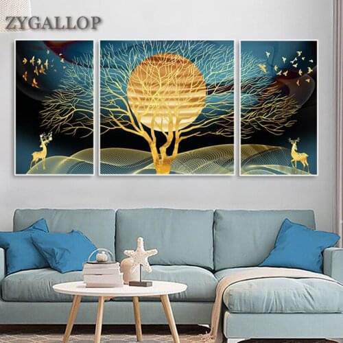Golden Tree and Deer Abstract Wall Art Canvas Painting Nordic Decor Posters Luxury Decorative Pictures for Living Room Wall arte