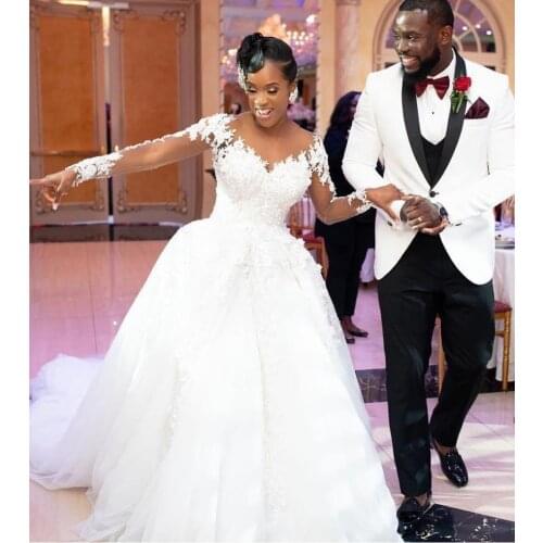 Africa Floral Lace Ball Gown Wedding Dresses Illusion Long Sleeve Appliques Beaded Bridal Gowns Chapel Train Dress Vestidos