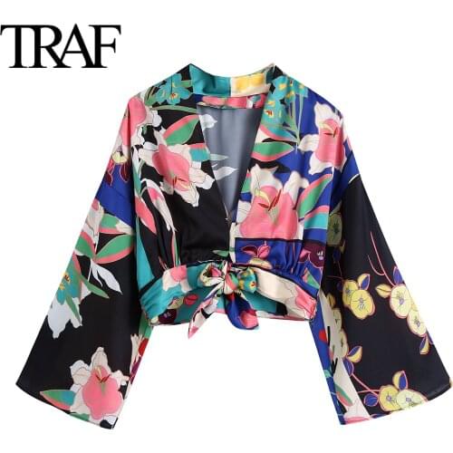 Traf Za Women Fashion Bow Long Sleeve Blouses French Vintage Side Zip Floral Print Shirts Flare Sleeve Chic Ladies Tops Mujer