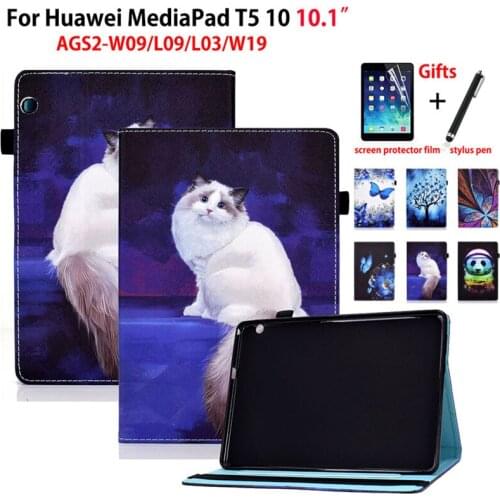 Cartoon Cat Case For Huawei MediaPad T5 10 Cover AGS2-W09 AGS2-L09 AGS2-L03 AGS2-W19 10.1" Funda Flip Stand Coque +Gift