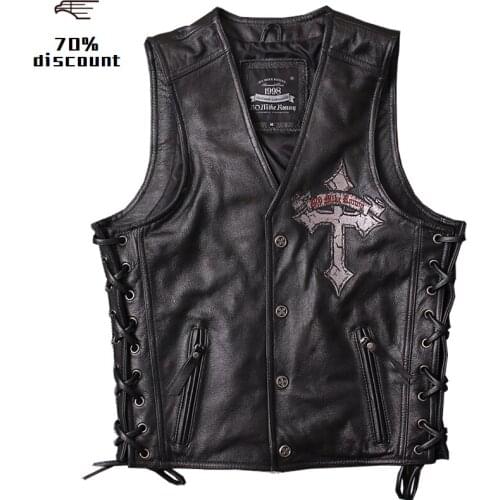 2020 Black Men Skull Embroidery Genuine Leather Motorcycle Vest Real Thick Cowhide Slim Fit Leather Biker Vest 4XL FREE SHIPPING