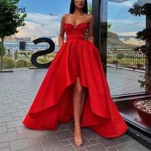 Elegant Strapless High Low Evening Dress With Pockets Simple Satin Sleeveless Formal Evening Party Dresses Robe De Soiree