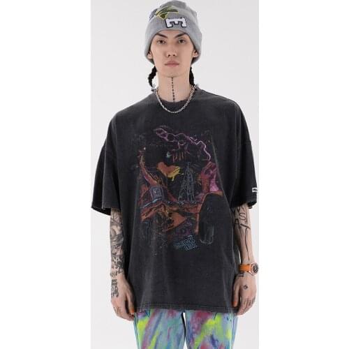 Hip Hop Oversize Washed T-Shirt Streetwear Harajuku Ripped Graphic Printed T Shirt 2021 Men Spring Summer Short Sleeve Tshirt