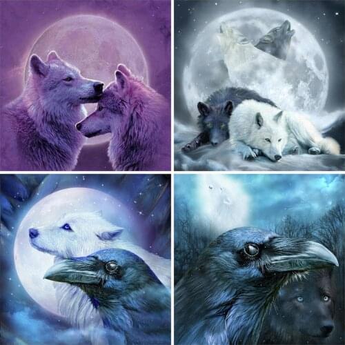 HUACAN Full Drill Diamond Painting Wolf Cross Stitch Diamond Embroidery Animal Rhinestone Kit Diamond Mosaic Moon Home Decor