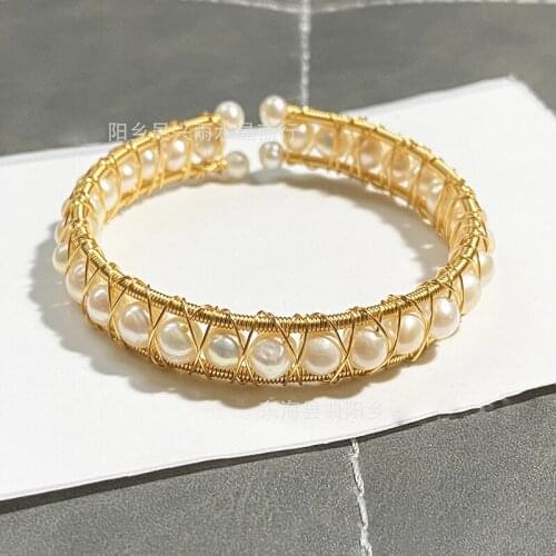 Graceful Freshwater Natural Pearls Geometric Cuff Bracelets Vintage Handmade Copper Wire Strand Golden Female Wedding Bracelet