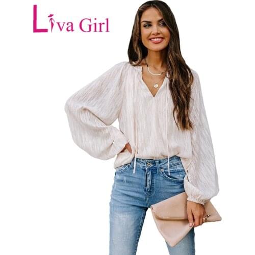 LIVA GIRL Woman V Neck Textured Tops Female 2021 Spring Autumn Plus Size Casual Shirt Lantern Long Sleeve Solid Loose Tshirt 2XL