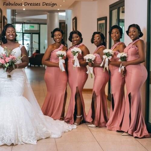 Fashion Dusty Pink Mermaid Bridesmaid Dresses With Split One Shoulder Backless Long Wedding Party Dress Maid Of Honor