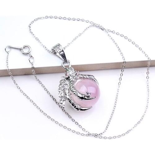 Trendy-beads Silver Plated Dragon Claw Ball Bead Vintage Pendant Rose Pink Quartz Necklace For Women Jewelry