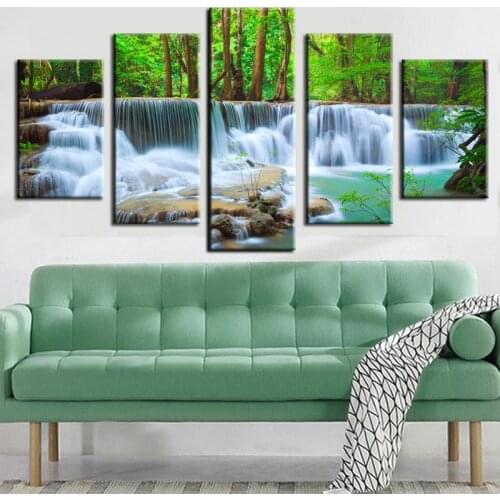 5 Panel HD Print Canvas Art Waterfall Forest Trees Rocks Modular Wall Picture Canvas Painting for Living Room Cuadros Home Decor