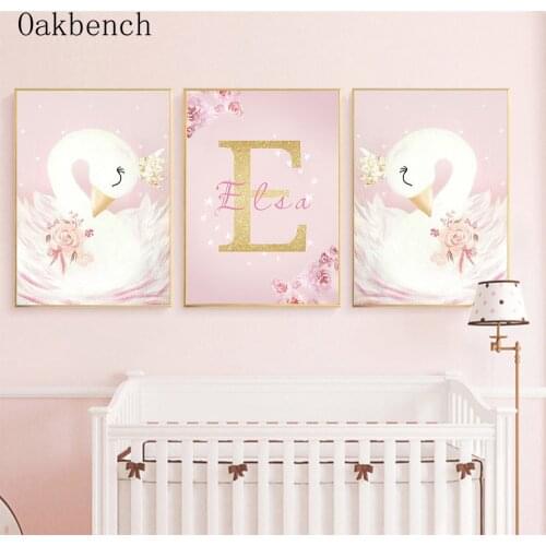 Animals Posters Custom Name Poster Swan Prints Crown Print Flowers Canvas Painting Nordic Wall Paintings Baby Girls Room Decor