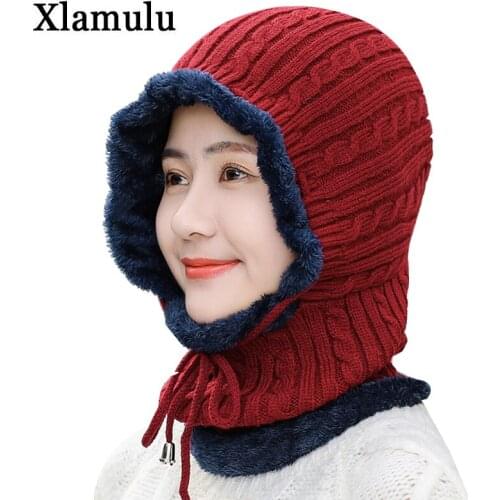 New Unisex Women Winter Knitted Hat Neck Protection Beanie Cap Add Fur Lined Warm Hats For Men & Women Balaclava Cap