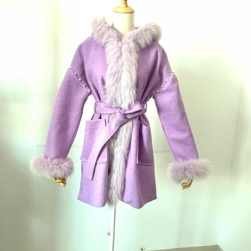 Winter fashion thick warm fox fur blends coat pearl beading cashmere coat female was thin luxurious Fur wool outerwear F2349