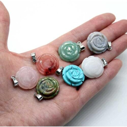 Wholesale 12Pcs/lot Natural Semi-precious Stone Charms Carving 18mm Flowers Pendulums For Jewelry Necklace Marking Free Shipping