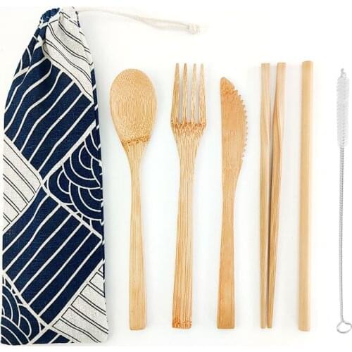 Portable Eco Friendly Flatware Set 7PCS Bamboo Cutlery Set Knife Fork Spoon Reusable Straws Chopsticks Bamboo Travel Utensils