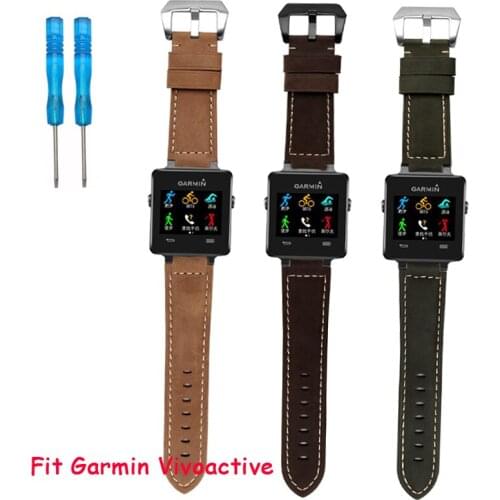 24mm*16mm Men Women Brown Real Leather Handmade Thick Wrist Watch Band with Silver Buckle For Garmin vivoactive