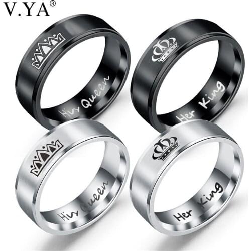 V.YA Romantic Jewelry Her King His Queen Couples Crown Rings Fashion Retro 316L Titanium Steel Wedding Rings for Women Men Charm