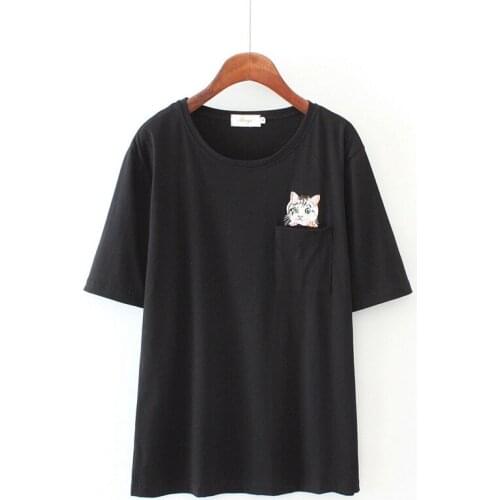 Plus Size XL-3XL Womens Cute Cat Embroidered T-shirts Casual Short Sleeve t-Shirts Oversized Tops