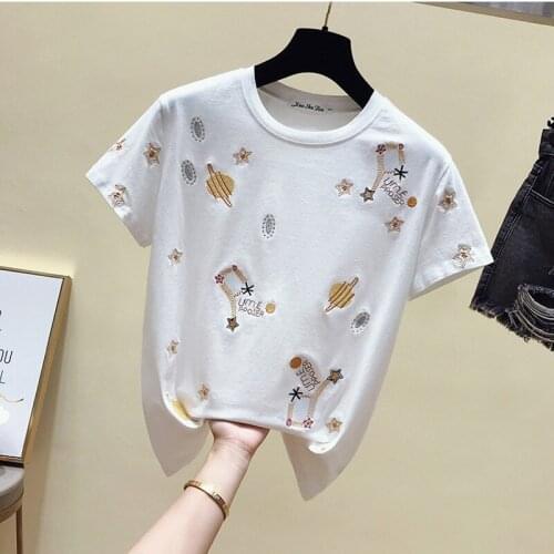 Harajuku women t shirt autumn winter stars embroidered Short sleeve t-shirts casual top black t shirts femme t-shirt 2020 new