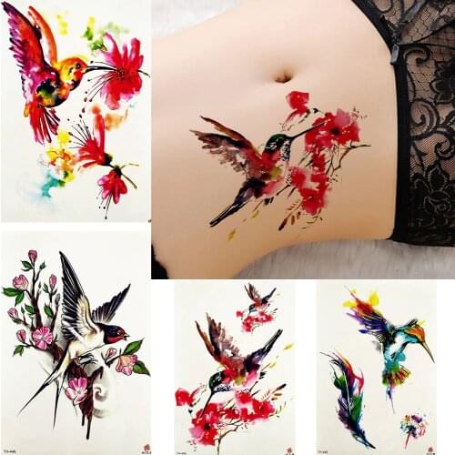 Inspired Watercolor Tattoo Stickers Women Body Arm Flying Hummingbird Tattoos Temporary Girls Flower Swallow Branch Tatoos Art