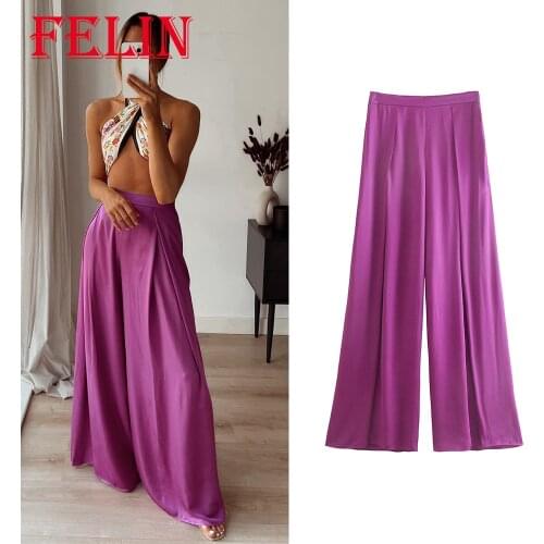 Women Chic Purple Stain Wide Leg Pants Za 2021 High Waist Loose Streetwear Trousers Female Zipper Elegant Mujer Pants
