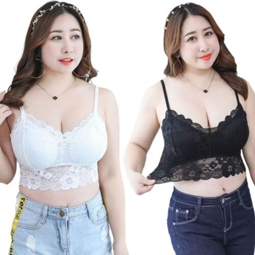 Womens Plus Size Sexy Deep V-Neck Crop Top Seamless Scalloped Sheer Floral Lace Bralette Padded Wireless Underwear Vest XL-3XL