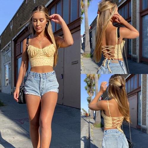 2021 Women Summer Sling Vest Fashion Sleeveless Floral Crop Top Stylish Lace-up Backless Tank Top for Ladies