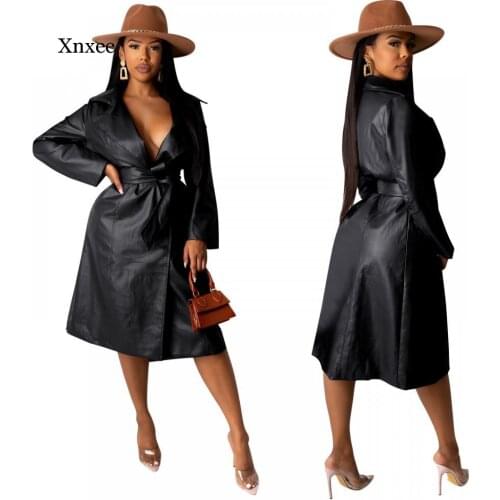 Streetwear Pu Leather Deep V Neck Trench Coats Womens Autumn Winter Sashes Long Coats Notched Office Lady Pocket Outwear Jacket